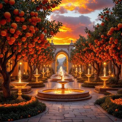 The primary subject of the image is a beautifully lit fountain surrounded by orange trees. The setting is a garden with a path leading to the fountain. The visual style is a combination of a photo and digital art, creating a unique and captivating atmosphere. The dominant colors are orange and gold, which are associated with warmth and happiness. The overall mood of the image is serene and inviting, making it an ideal place for relaxation and enjoyment.